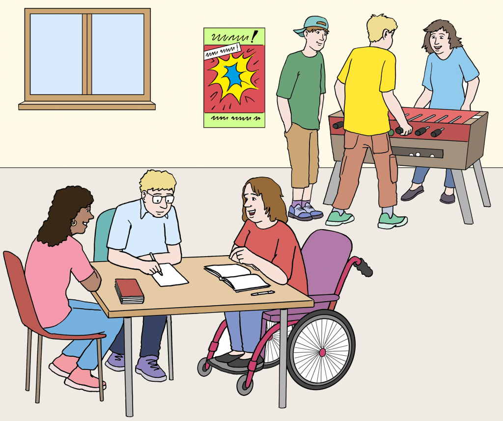 Diverse Gruppe von jungen Menschen sitz zusammen am Tisch und unterhält sich. Eine andere Gruppe spielt Tischfußball.