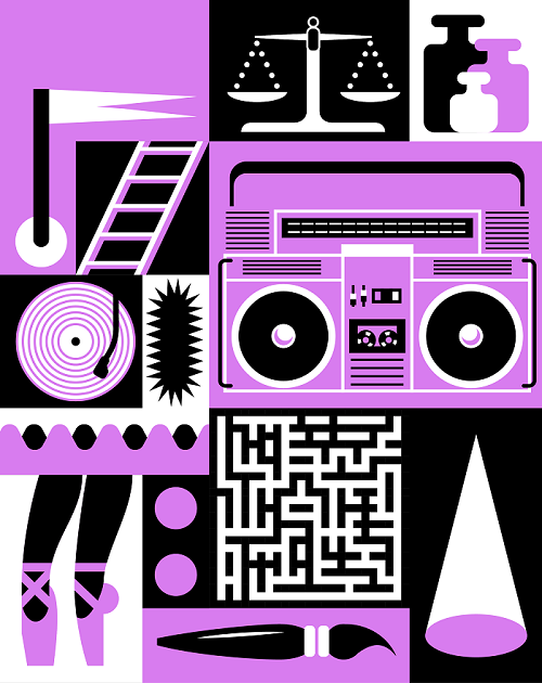 Lila, schwarz, weiße Illustration mit Elementen, die den Arbeitsbereich repräsentieren sollen und abstrakten Elementen. Illustration