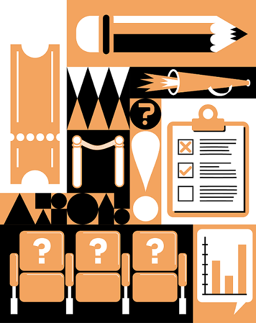 orange, schwarz, weiße Illustration mit Elementen, die den Arbeitsbereich repräsentieren sollen und abstrakten Elementen. Illustration