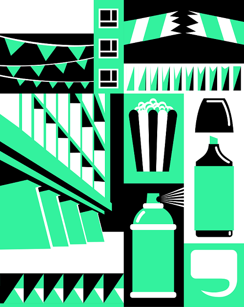 Grün, schwarz, weiße Illustration mit Elementen, die den Arbeitsbereich repräsentieren sollen und abstrakten Elementen. Illustration