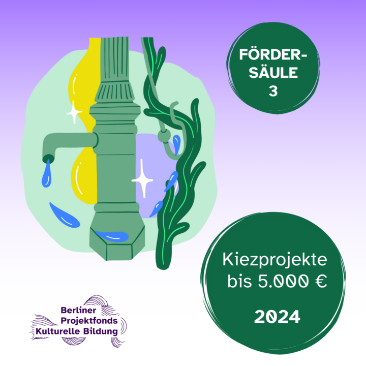 Bild mit Text: Fördersäule 3, Kiezprojekte bis 5.000 €, Logo Berliner Projektfonds Kulturelle Bildung. Gezeichnete Pumpe, aus der Wasser kreisförmig hinaustropft, daneben eine wachsende Pflanze
